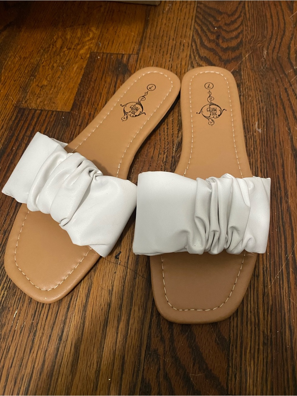 Ruched White Slide Sandals for Women - Casual Comfortable Flats